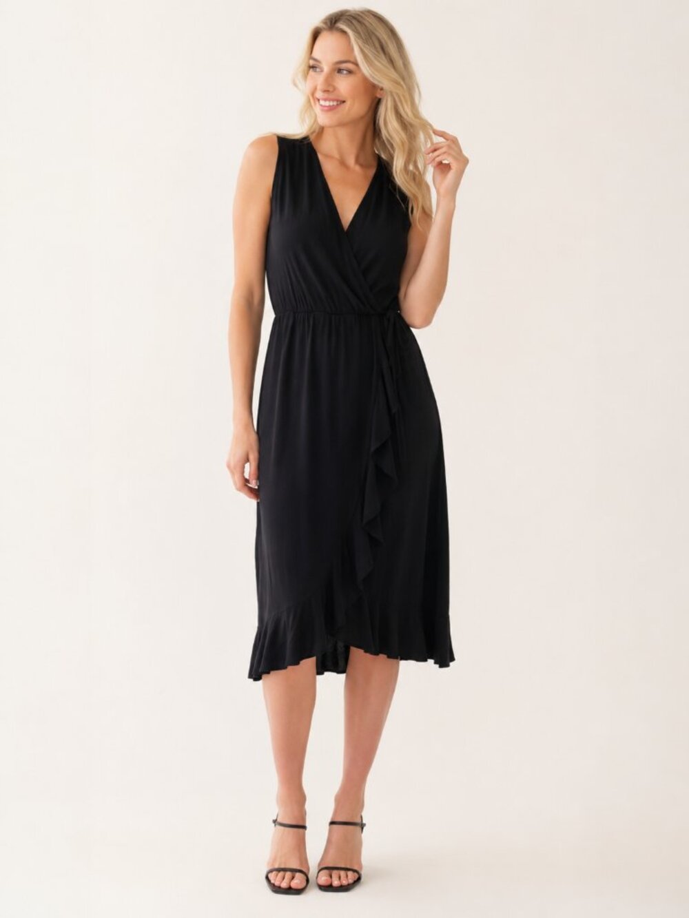 TAHARI Faux Wrap Surplice Ruffle Sleeveless Midi Dress Black 1X #A4347